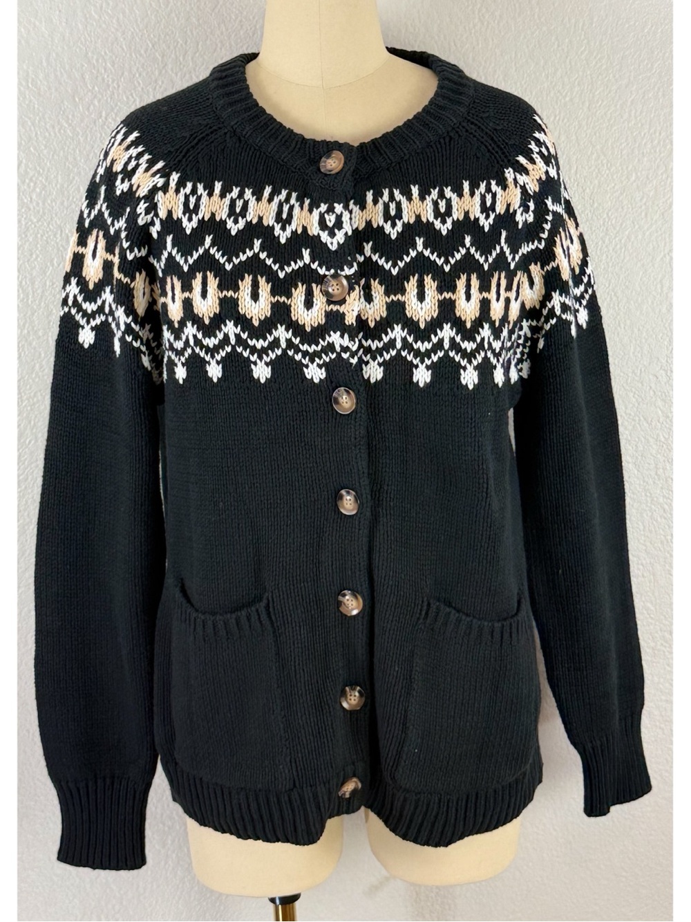 Dokotoo Fair Isle Button-Down Knit Cardigan Front Patch Pockets Fisherman Medium